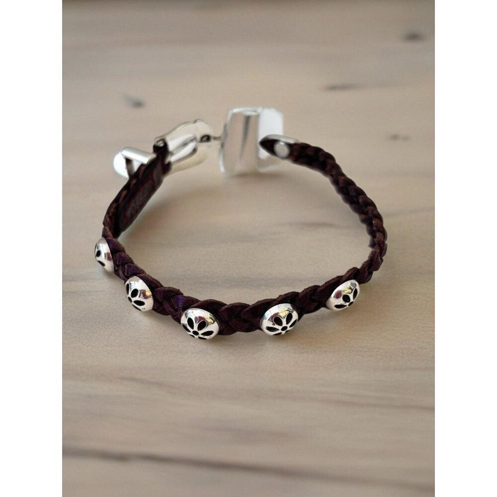 Brighton Daisy Bandit Bracelet- brown braided leather- silver round charms - Picture 1 of 7